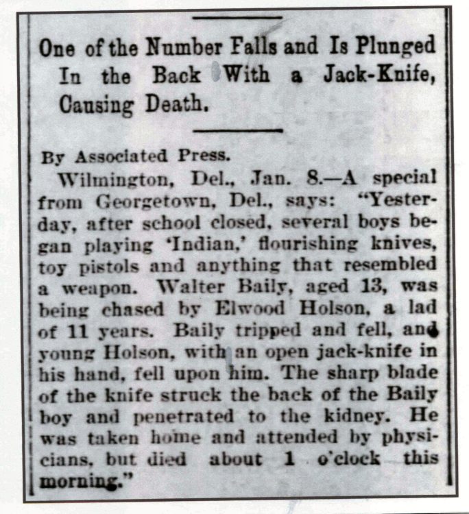 One of the Number Falls and Is Plunged In the Back With a Jack-Knife, Causing Death (Harrisburg Daily Independent, Harrisburg, PA, Sat, Jan 8, 1898)
